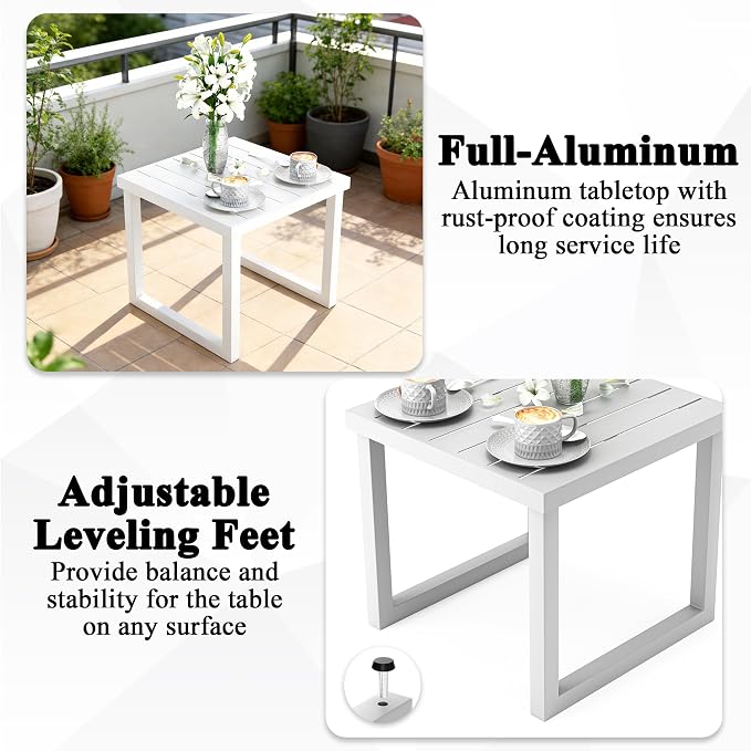 20" Aluminum Outdoor Side Table with Tapered Legs, Square Patio End Table with Geometric Slatted Top, All-Weather Coffee Table for Garden, Deck and Porch, White
