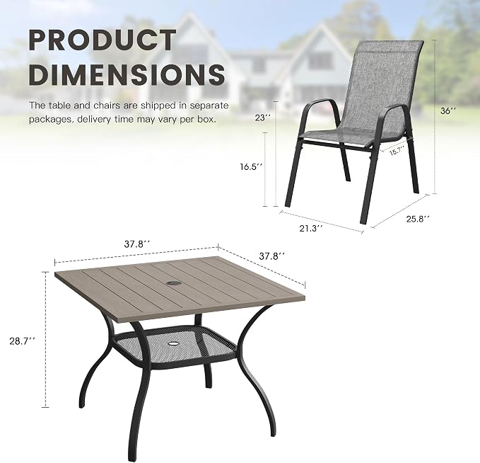 5 Pieces Outdoor Dining Set, 37.8" Square Table with Umbrella Hole & Stackable Patio Dining Chairs, Patio Table and Chairs Set for Deck Garden Porch, Grey Chairs & Grey Table