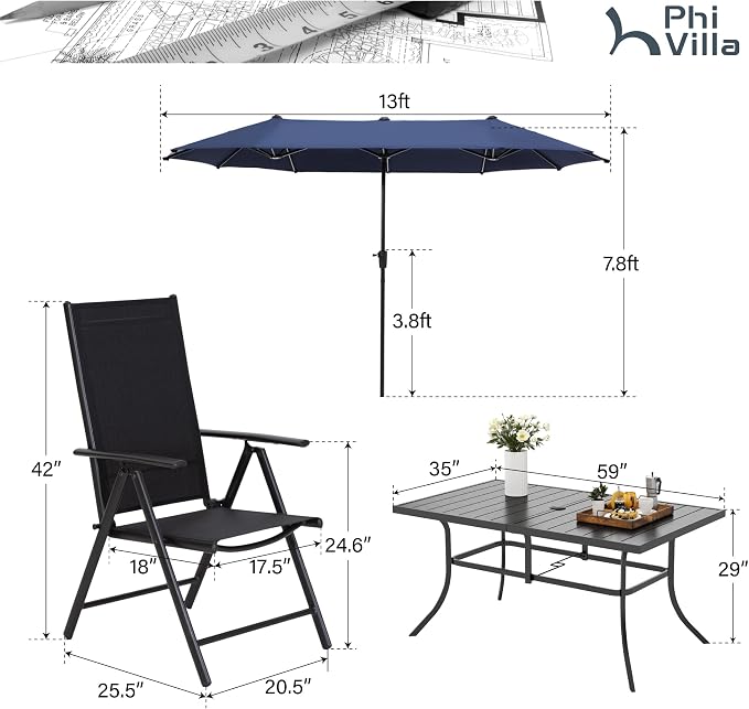 PHI VILLA Outdoor Patio Dining Set for 6 with Umbrella, Rectangle Patio Table Set with 6 Adjustable Folding Chairs(Black) & 13 Ft Navy Blue Umbrella (No Umbrella Base)