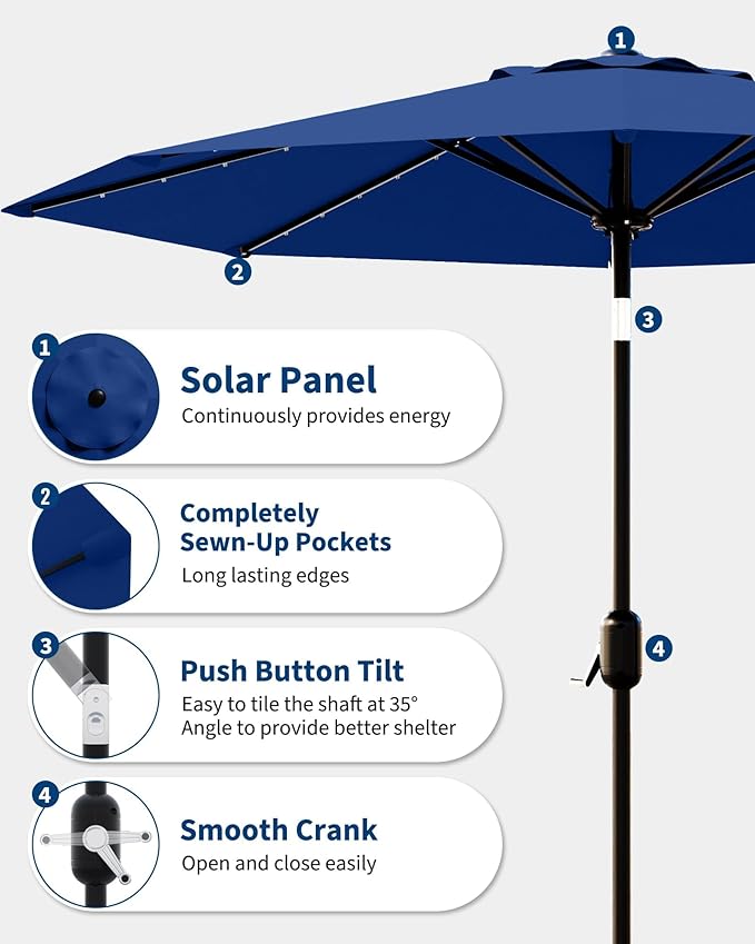 GarveeLife 10 ft Patio Umbrella with Solar Lights, 8 Ribs Outdoor Market Table Umbrella with 40 LED Lights & Tilt Crank for Pool, Deck, Backyard (Navy Blue)