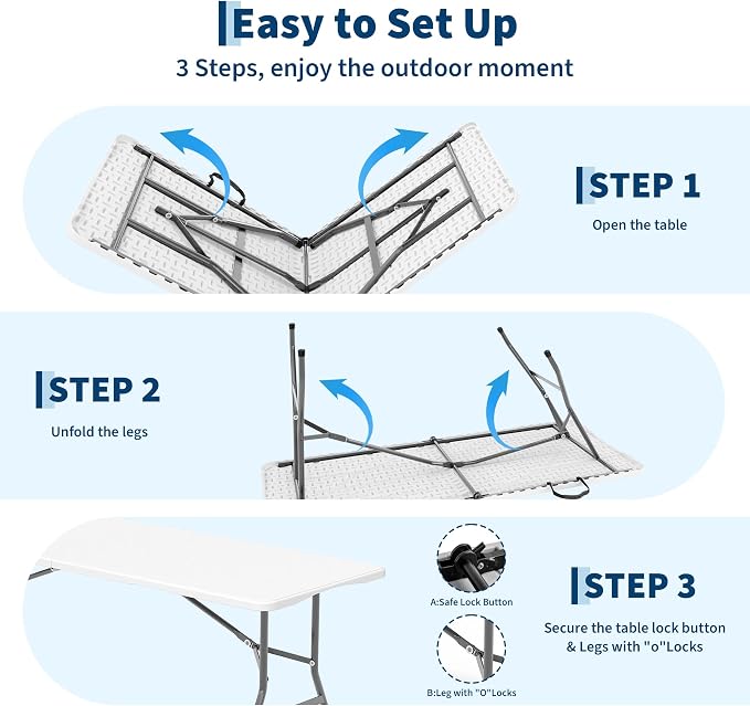 Garvee 6FT Portable Folding Table Sets with 2 Bench, HDPE Plastic Foldable Table with Carry Handle for Camping, Parties, Picnic & Events Indoor Outdoor,White