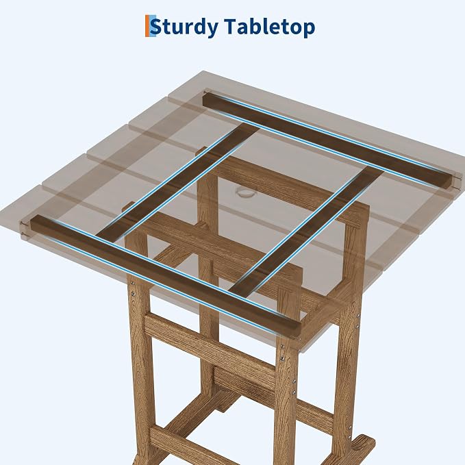 GAOMON Square Outdoor Bar Height Table, Patio Tall Side Bistro Table with Umbrella Hole, Weather Resistant High Top Dining Table for Backyard, Garden, Deck, Porch, Brown