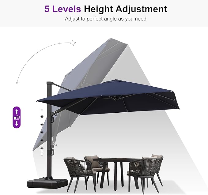 PURPLE LEAF 10 FT Square Patio Umbrella with Wheeled Base Large Outdoor Aluminum Offset Cantilever Umbrella with 360-degree Rotation for Garden Deck Backyard Pool Navy Blue