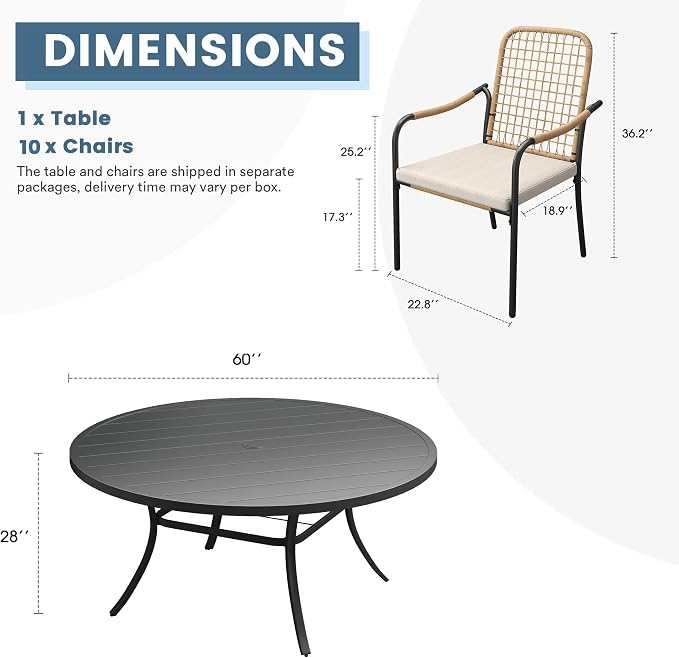 DIFY 11 Pieces Outdoor Dining Set for 10, 60" Round Dining Table with Umbrella Hole & Wicker Stackable Patio Chairs with Cushions, Metal Patio Table and Chairs Set for Backyard Porch Garden, Black