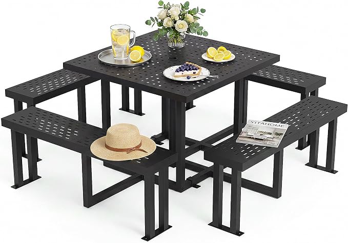 YITAHOME 38" Square Metal Picnic Table with Umbrella Hole, Q235 Carbon Steel Heavy Duty Outdoor Table for 4-8 People, Backyard Patio Set (Black)