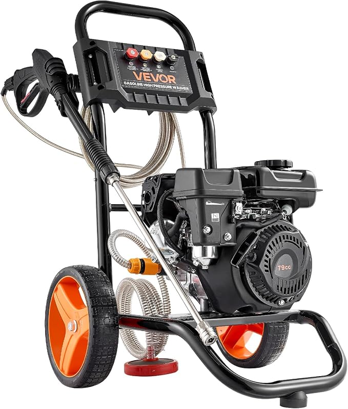 VEVOR Gas Pressure Washer 2900 PSI and 1.85 Max GPM, Upgrade Aluminum Pump with Spray Gun and Wand, 4 Nozzle Set, Gas Powered Pressure Washer for Cars, Fences, Driveways, Homes, Patios, Furniture