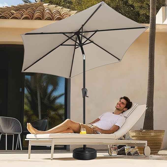 FLAME&SHADE 9ft Patio Umbrella Outdoor - Table Umbrella with Push Button Tilt and Crank, UV Protection, 6 Sturdy Ribs, Market Umbrella for Garden, Deck, Backyard, Lawn, Pool and Beach(Taupe)