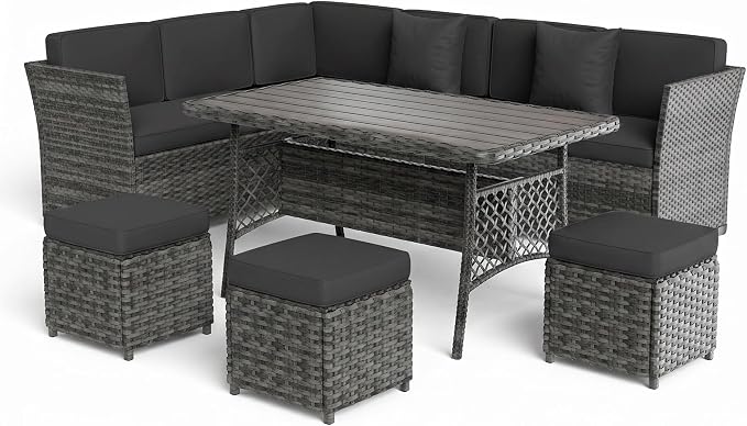 Patio Furniture Set, 7 Pieces Outdoor Dining Sets, All Weather Rattan Conversation Set, Outdoor Dining Sectional Sofa with Large Dining Table, Ottoman (Grey-Drak Grey, A-7 Pieces)