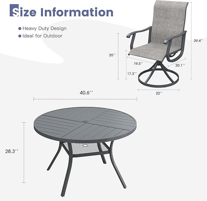 VICLLAX 5 Pieces Patio Dining Set, Patio Furniture Set of 4 Patio Swivel Dining Chairs and 40.6" Patio Spliced Round Tabletop with Storage Shelf, Grey Chairs & Dark Grey Tabletop