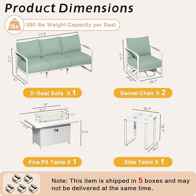 Outdoor Aluminum Patio Furniture Set, 5-Seats Patio Conversation Sofa Set with 2 Swivel Rocking Chairs and Oversized Fire Pit Table w/Glass Wind Guard, All Weather for Balcony, Garden-White