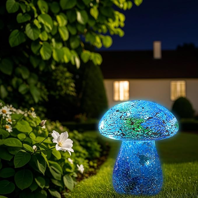 Mosaic Mushroom Garden Lights - Table Lamp Outdoor Decor Waterproof Night Light Lawn Decor Statue for Patio, Party, Yard (Blue)