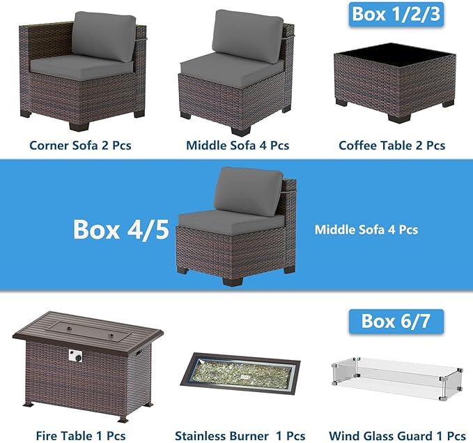 Outdoor Patio Furniture Set with Gas Fire Pit Table, 13 Pieces Outdoor Furniture Set Patio Sectional Sofa w/43in 55000 BTU Propane Fire Pit, PE Wicker Rattan Patio Conversation Sets - Grey.