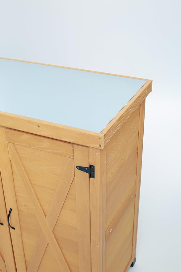 Outdoor Deck Box Storage Cabinet with Metal Work Surface, Weatherproof Hemlock Wood Patio Storage for Garden Tools and Supplies, Stable X-Shape Design, 31 x 18 x 36 Inches, Wood Color
