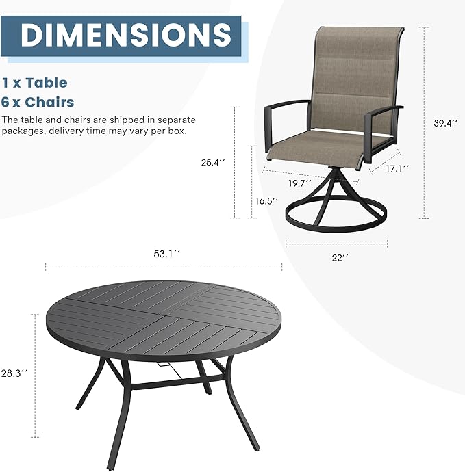 DIFY 7 Piece Outdoor Dining Set, Metal Patio Table and Chairs Set, 53.1" Black Round Dining Table & 6 Brown Padded Textilene Swivel Patio Chairs, Outdoor Furniture Set for Garden Backyard Porch