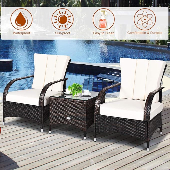 Tangkula 3-Piece Patio Conversation Set, Ourdoor Wicker Furniture Set, Rattan Coffee Table & Chairs Set with Cushions, Outdoor Conversation Set for Garden Balcony Backyard (Cream)