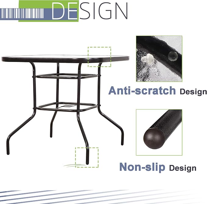FurniTure Outdoor Patio Table Patio Tempered Glass Table 32" Patio Dining Tables with Umbrella Hole Perfect Garden Deck Lawn Square Table, Dark Chocolate