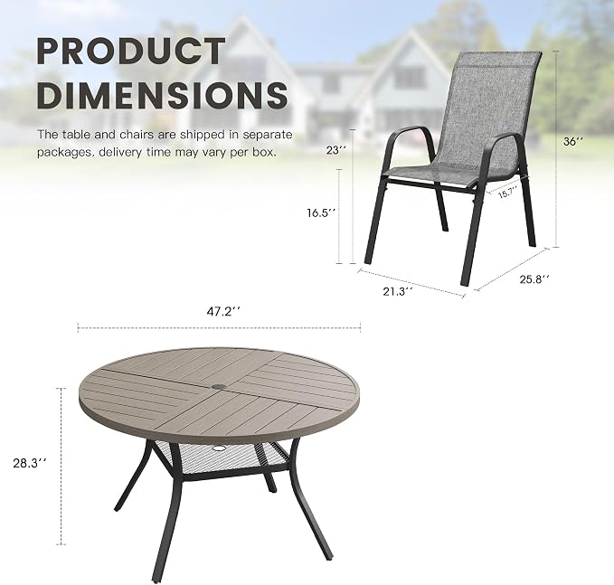 7 Pieces Outdoor Dining Set, 47.3" Spliced Patio Table with Umbrella Hole & Stackable Outdoor Dining Chairs, Patio Furniture Set for Deck Garden Porch, Grey Chairs & Grey Table