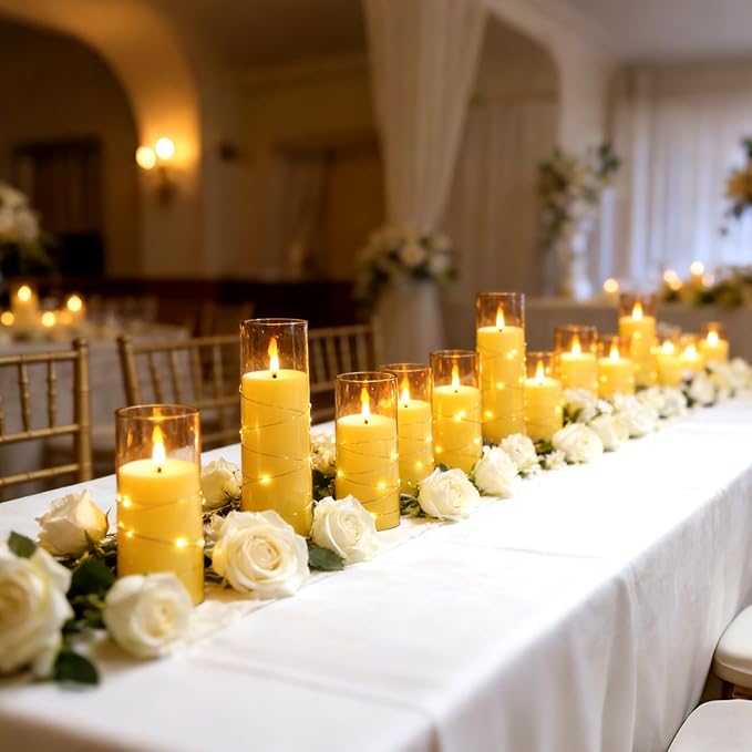 kakoya Flameless LED Candles with Timer 24 Pc Flickering Flameless Candles for Romantic Ambiance and Home Decoration Stable Acrylic Shell,with Embedded Star String,Battery Operated Candles(Gold)