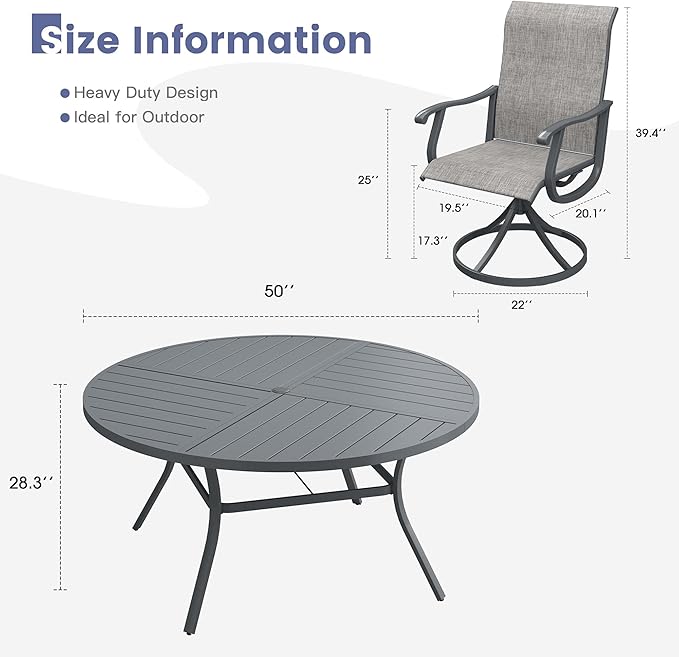 VICLLAX 7 Pieces Patio Dining Set, Patio Furniture Set of 6 Patio Swivel Dining Chairs and 50" Patio Spliced Round Tabletop, Grey Chairs & Dark Grey Tabletop