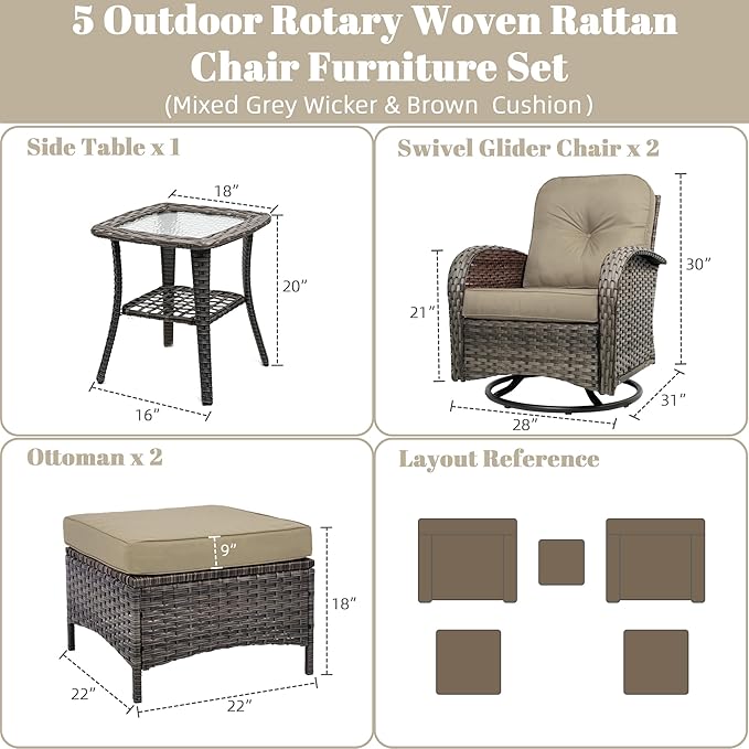 Patio Furniture Conversation Set with Ottomans, 5 Piece Wicker Patio Swivel Rocking Chairs with 360° Swivel Glider and Glass Coffee Table for Porch, Deck, Garden,Beige
