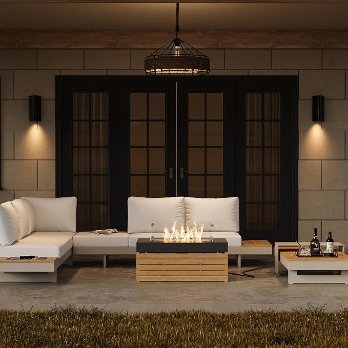 homary Patio Conversation Sets with Fire Pit-Modular Outdoor Sofa Aluminum & Teak Sofa Set with Glass Wind Guard Ideal for Patios & Balconies, Light Gray