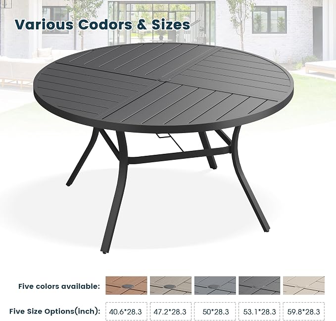 Patio Dining Table for 6-8, Round Metal Outdoor Table with Storage Shelf, 1.57" Umbrella Hole, 53" Outdoor Quartered Tabletop Dining Table for Backyard, Porch, Lawn, Black
