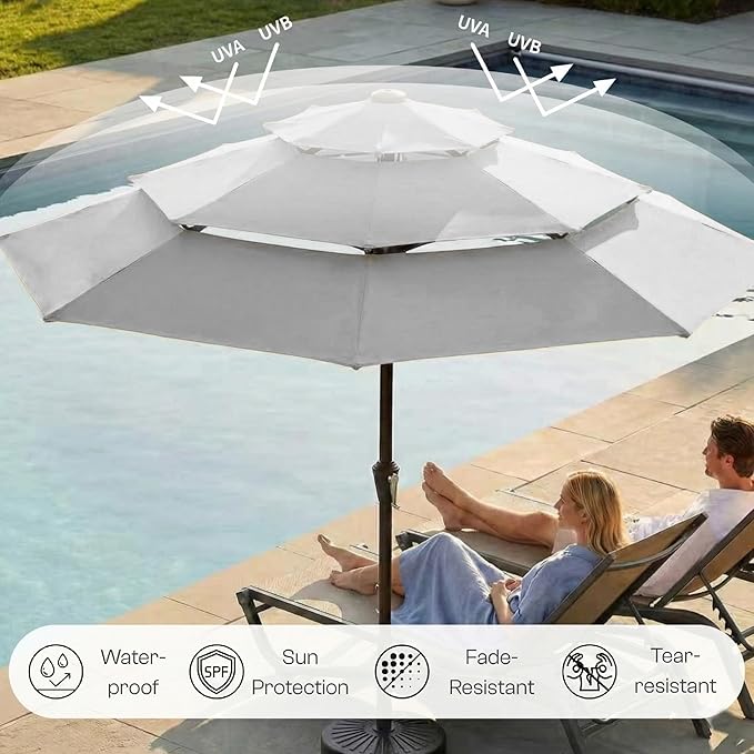 10ft 3-Tier Patio Umbrella with 32 Solar Powered LED Lights, Windproof Outdoor Market Umbrella for Deck, Poolside & Garden, Sturdy Push-Button Tilt Table Umbrella, Light Gray