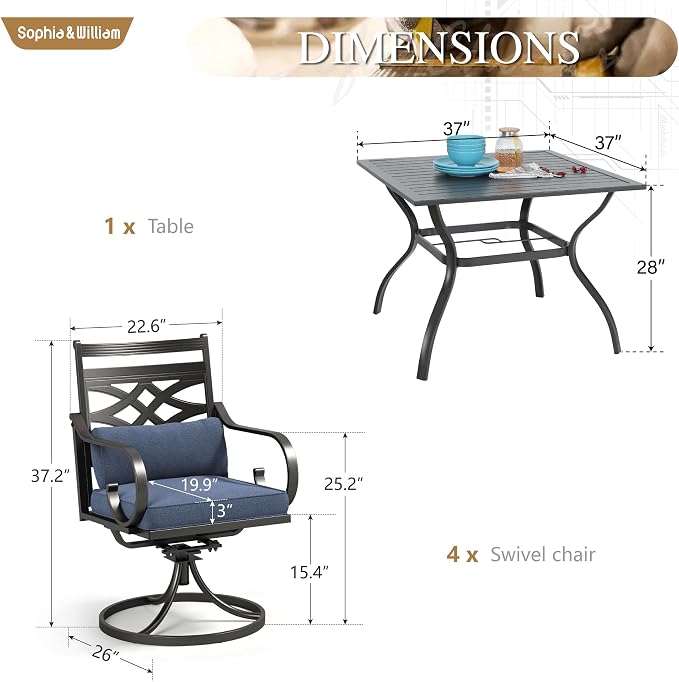 Sophia & William Patio Dining Set, Steel, Black | Umbrella Hole, Swivel Chairs, E-Coated, Cushions Included, For Patio, Garden and Yard