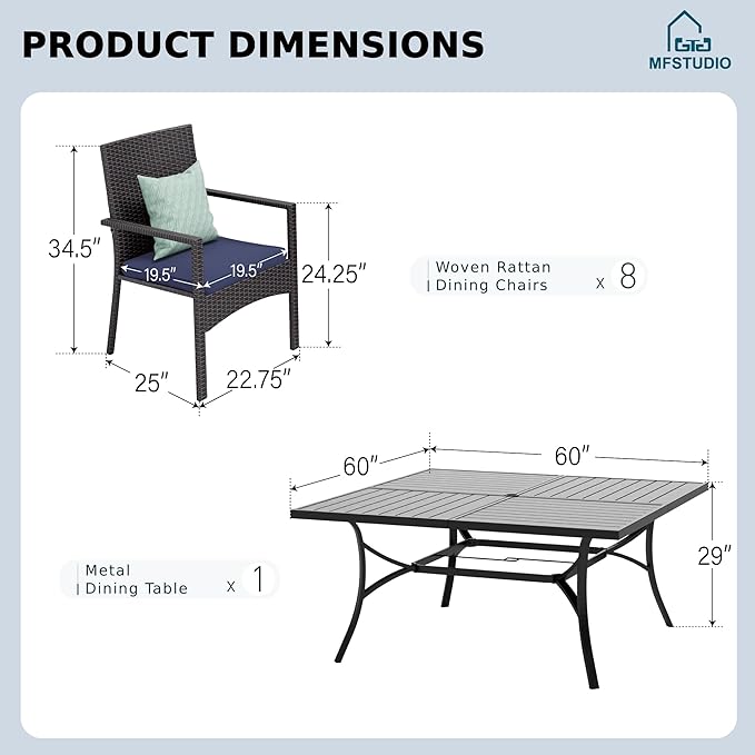 MFSTUDIO 9 Pieces Outdoor Dining Set for 8, 60" Square Table & Wicker Chairs with Cushions, Durable Patio Dining Furniture Set for Deck, Large E-Coated Metal Dining Table for 8