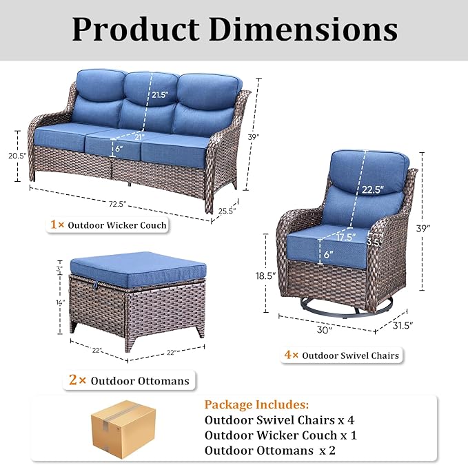 Luxury High Back Patio Furniture Set with 6-Inch Thick Cushions, 7-Pieces Outdoor Furniture with Swivel Chairs, Wicker Conversation Set for Porch, Balcony, Deck and Yard, Brown/Blue