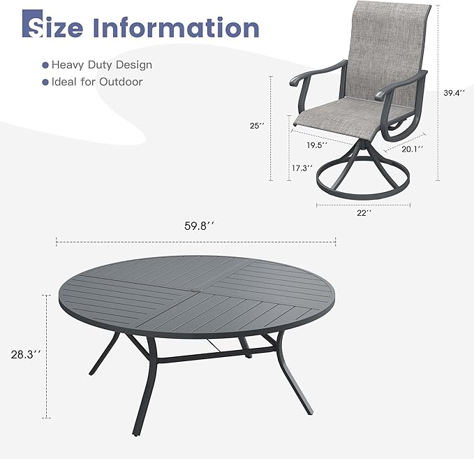 VICLLAX 9 Pieces Patio Dining Set, Patio Furniture Set of 8 Patio Swivel Dining Chairs and 60" Patio Spliced Round Tabletop, Grey Chairs & Dark Grey Tabletop
