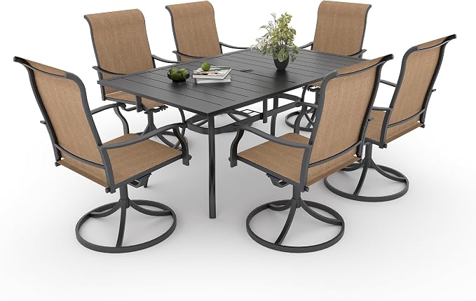Anmutig 7 Piece Patio Dining Set, Outdoor Dining Set All-Weather for Backyard Poolside Garden Deck, Modern Outdoor Table and Chairs Set with 6 Textilene Swivel Chairs Brown