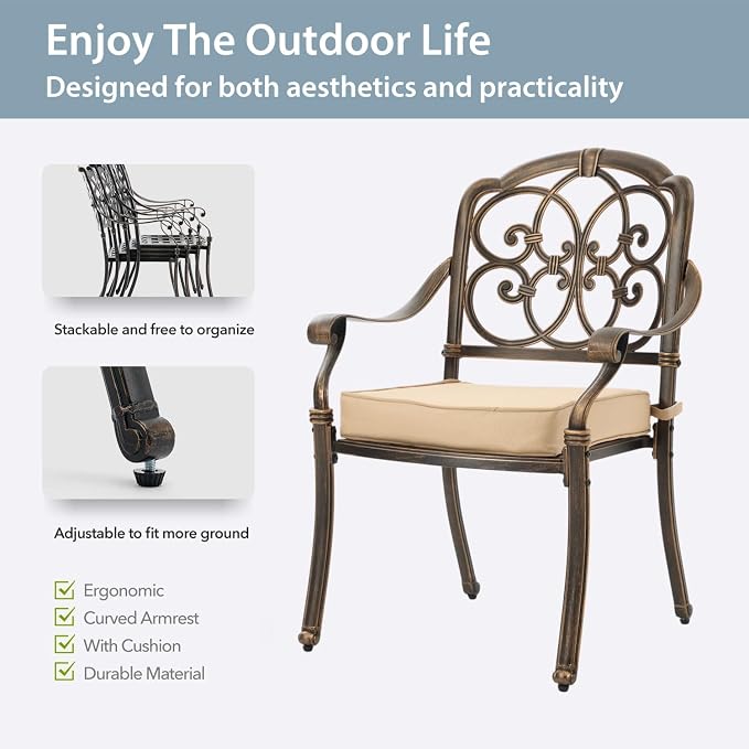 5-Pcs Cast Aluminum Patio Dining Set for 4, 54" Round Table,Bronze | Outdoor Furniture Set Include Dining Table and 4 Stackable Chairs with Cushions & Umbrella Hole