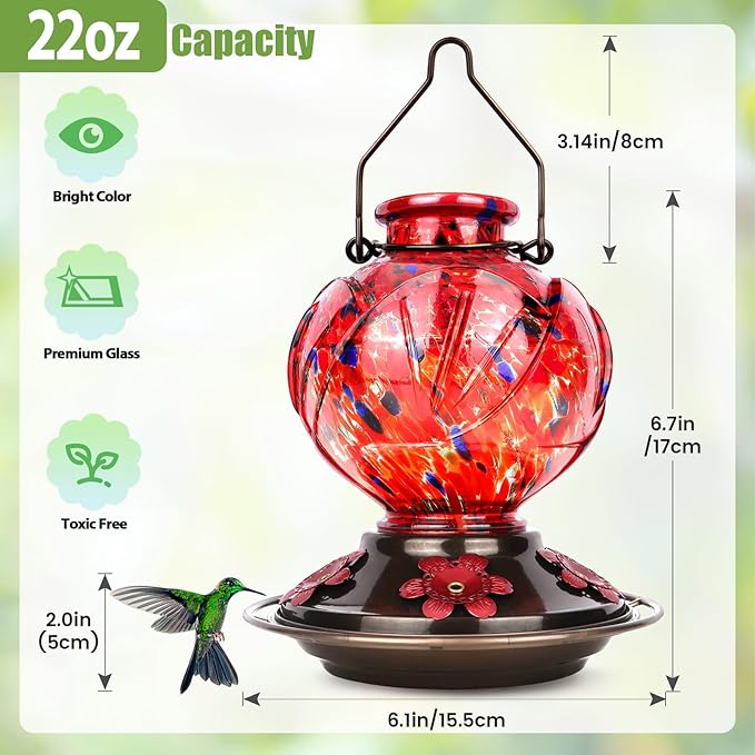 BOLITE Hummingbird Feeder, Hand Blown Glass Hummingbird Feeders for Outdoors Hanging, Ant Moat, 5 Bee-Proof Ports, Leak-Proof, 360° Perch, 22oz, Red Peony Gifts for Women Men, Gifts for Mom Dad
