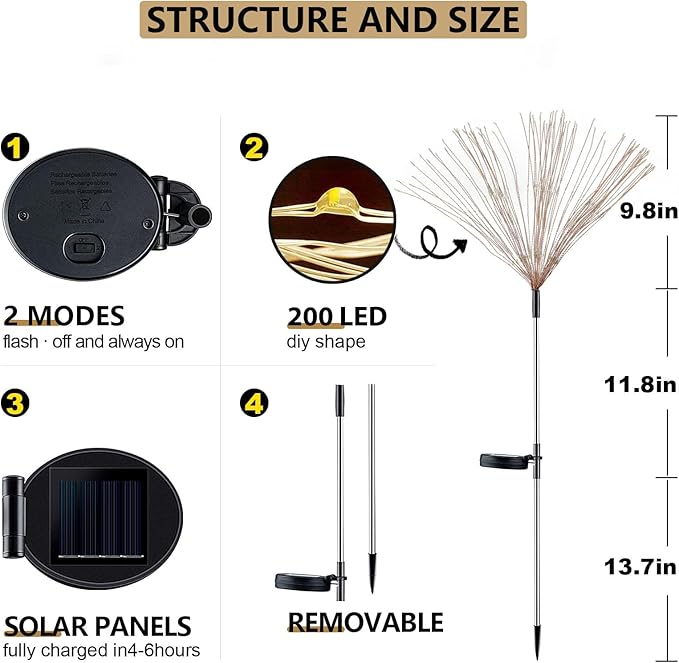 4 Pack Solar Firework Lights Outdoor, Adjustable 32" to 51" Extra Tall, Verified 200 LED Warm White Stainless Steel 3-Section Pole, 8 Modes Waterproof Starburst Garden Lights for Large Yard