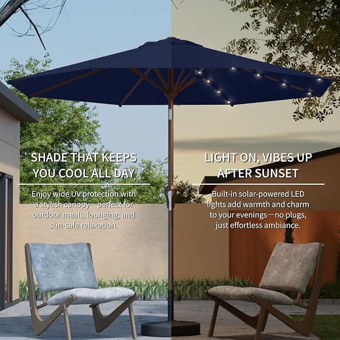9FT Solar Umbrella 32 LED Lighted Patio Umbrella Table Market Umbrella w/Tilt and Crank, UV-Resistant Outdoor Umbrella for Pool, Garden, Deck, Navy Blue