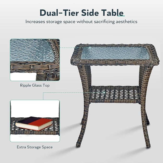 5 Piece Patio Furniture Set with Fire Pit Table - Wicker Patio Conversation Set with Swivel Glider, 3-Seat Sofa, Tempered Glass Side Table for Deck Backyard - Brown Wicker Blue Cushion