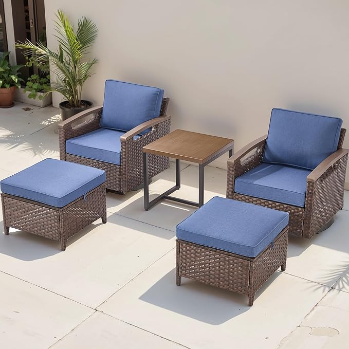 Rilyson Wicker Outdoor Patio Furniture Set - 5 Piece Patio Conversation Sets with Swivel Rocker Chairs, Ottomans and Side Table, Thick Cushions, Waterproof Wicker, for Porch Deck Brown/Blue