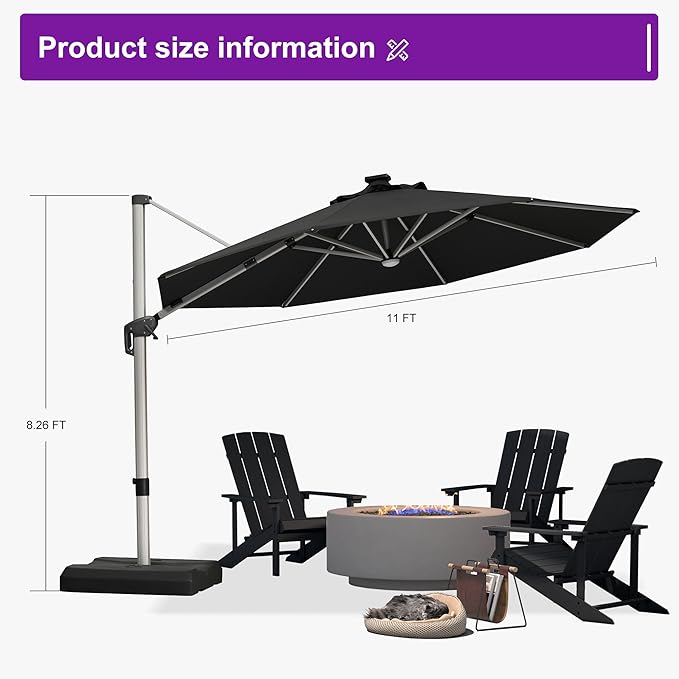 PURPLE LEAF 11ft Patio Umbrella with Lights Outdoor Round Cantilever Solar Powered LED Umbrella with 360-degree Rotation for Garden Deck Pool Patio, Black