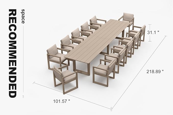 PURPLE LEAF Outdoor Dining Set for 12 Aluminum Oversize Patio Furniture Table and Chairs Set with All Weather Thick Cushion Rectangular Patio Dining Sets for Large Backyard Garden Poolside, Khaki