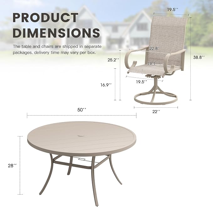 7 Pieces Patio Dining Set, 6 Outdoor Swivel Dining Chairs with 50" Round Metal Outdoor Dining Table with Umbrella Hole for Garden Backyard Deck, Sandshell