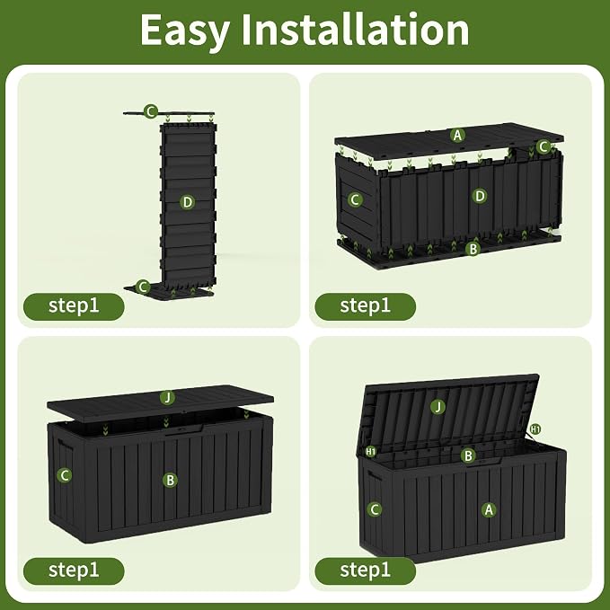 95 Gallon Outdoor Deck Storage Box, All Weather Vertical Wood Grain Lockable Storage Container for Poolside, Patio & Backyard Large Outdoor Storage (Black,95GAL)