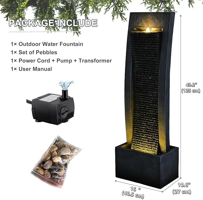 Sunlinua Garden Water Fountain - Outdoor Freestanding Fountains Modern Curves Indoor Waterfall Floor Standing Water Fountains for Garden, Patio, 49.2 Inches Tall with LED Lights, Pump, Natural Stones