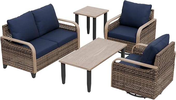 Modern Wicker Patio Furniture Set, Rattan Outdoor Conversation Set with Comfortable Cushions, 2 Swivel Rocing Chairs, 2 SeatLoveseat, Coffee Table and Side Table, 5 Pieces, Brown/Blue