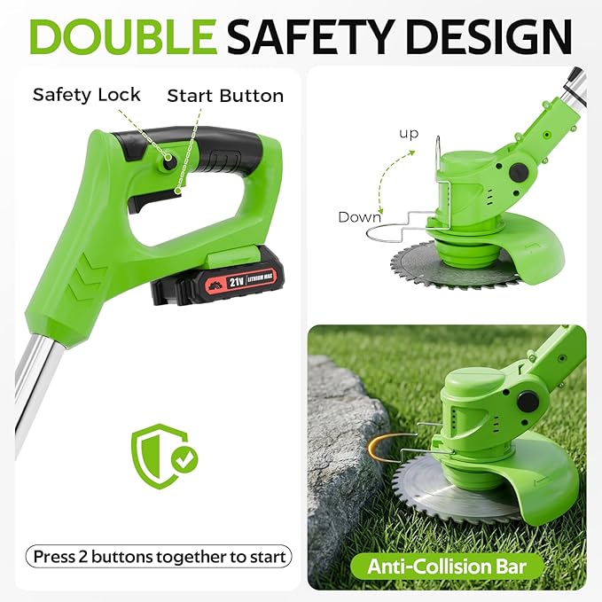 Electric Weed Wacker, Cordless Weed Eater Lightweight Grass Trimmer – 2x2.0Ah Batteries, 60-120 Min Runtime, 2 Types of Blades + Wheels for Garden & Yard Lawn