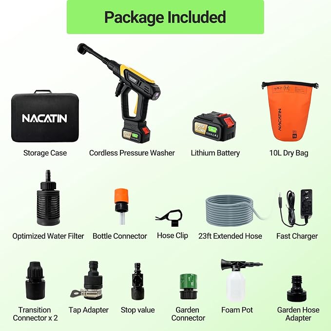 Cordless Washer, 9 Gear Brushless Washer for Car Washing, Patio, Fence, Driveway, Outdoor Cleaning, with 1 Battery, 6 in 1 Nozzle, 6 Meter Hose, Tap Adapter