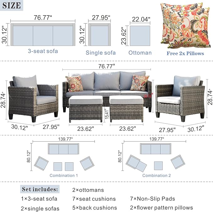 HOOOWOOO 5-Piece Luxury Patio Furniture Set– Stylish, Comfortable Outdoor Rattan Sofa Set with 2 Chairs, 2 Ottoamns, Weather-Resistant Patio Conversation Set for Deck, Garden, Balcony (Grey)
