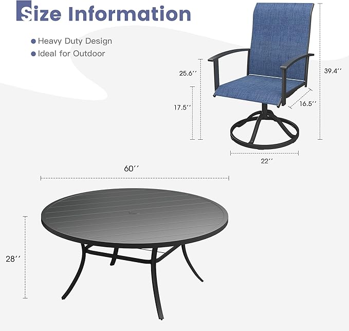 VICLLAX Outdoor Table and Chairs Set for 8, Patio Dining Set of 60 Metal Round Patio Table with Umbrella Hole & 8 Swivel Outdoor Dining Chairs for Backyard Lawn, Dark Blue & Black