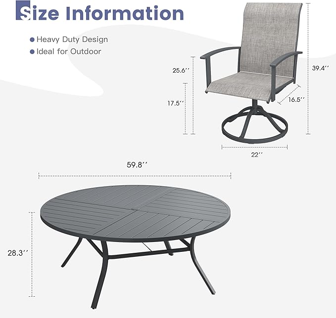 VICLLAX Outdoor Table and Chairs Set for 8, Patio Dining Set of 60 Metal Round Patio Table with Umbrella Hole & 9 Swivel Outdoor Dining Chairs for Backyard Lawn, Grey & Dark Grey