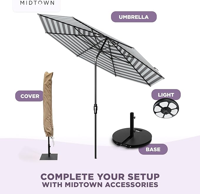 The Swilt 10 Feet Outdoor Umbrella With Terylast Matter Stripes (Grey/White) Polyester Fabric - Fiberglass Ribs, Auto-Tilt And Swivel Aluminum Frame Patio Umbrella For Deck, Garden, Pool - Black Pole